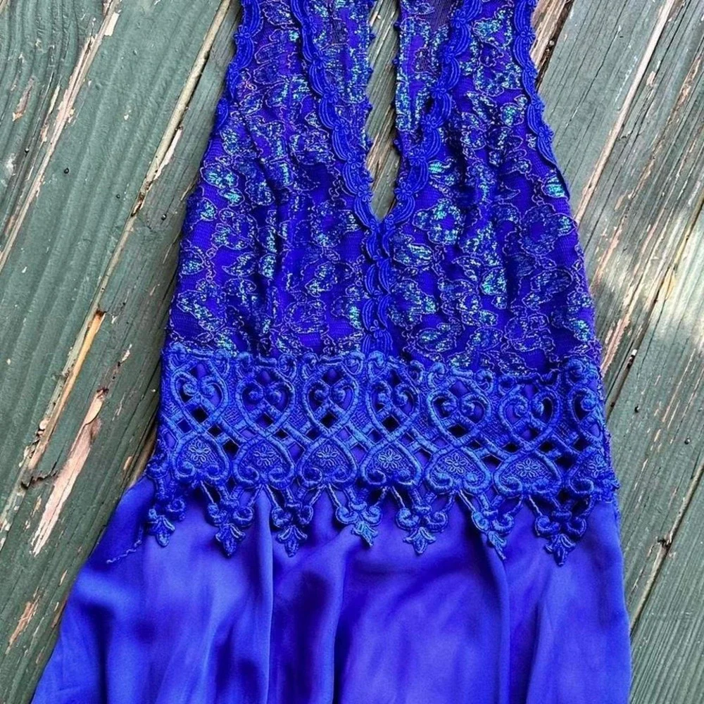 Sherri Hill‎ Royal Blue Lace Keyhole Cocktail Dress Shimmer Crochet Waist